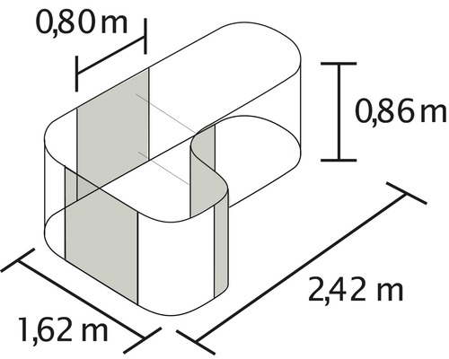 Výkres rozmerov produktu s rozmermi 0,80 metra, 0,86 metra, 1,62 metra a 2,42 metra