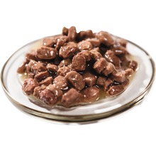 Krmivo pre mačky s kúskami mäsa v omáčke na tanieri