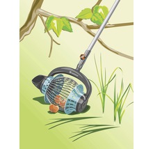 Ilustrácia zberača orechov s teleskopickou tyčou pod stromom