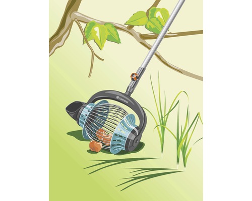 Ilustrácia zberača orechov s teleskopickou tyčou pod stromom