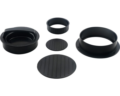 Sada lisu na hamburgery, pozostávajúca z vrchnej časti s rukoväťou, tvarovacích krúžkov a vložiek