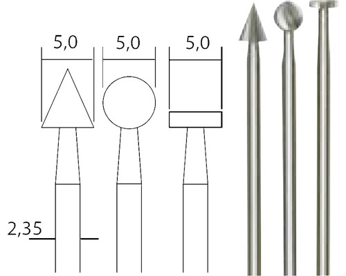 Obrázok vŕtacích fréz s rôznymi tvarmi hlavy