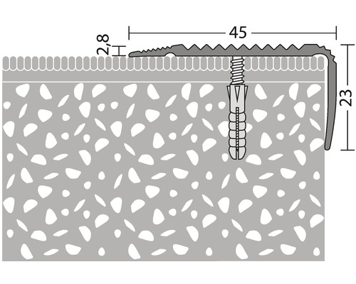 Ilustrácia profilu hrany schodu s rozmermi a upevnením