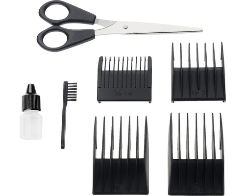 Súprava na strihanie vlasov s nožnicami, čistiacou kefou, fľaštičkou oleja a štyrmi nástavcami