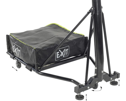 Detailný pohľad na basketbalový stojan s mobilnou základňou a nastaviteľnými nožičkami.