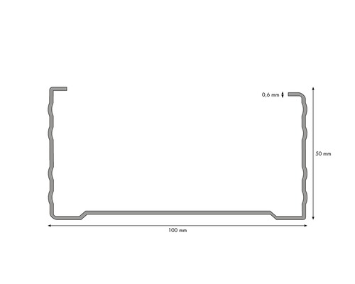 Technický výkres kovového profilu s rozmermi 100 mm x 50 mm a hrúbkou 0,6 mm.