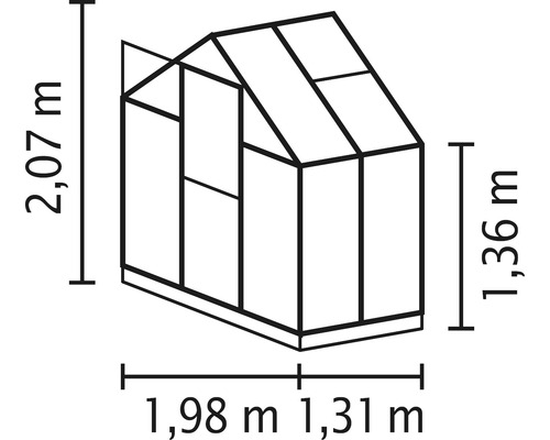 Rozmery skleníka ako čiarový nákres: výška 2,07 metra, bočná výška 1,36 metra, šírka 1,98 metra a 1,31 metra.