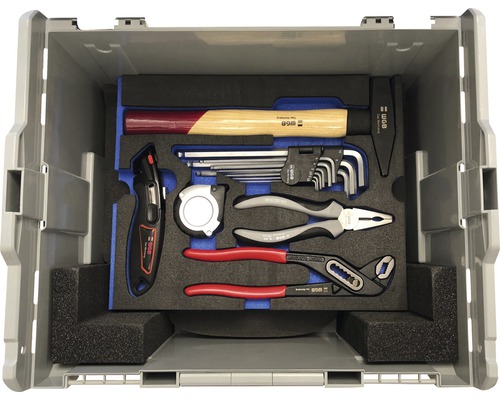 Kufrík s náradím s kladivom, kľúčmi, kliešťami, zvinovacím metrom a nožom