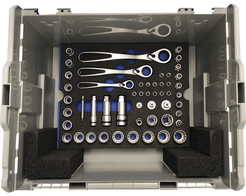 Kufrík na náradie s račňovým kľúčom a nástrčnými kľúčmi