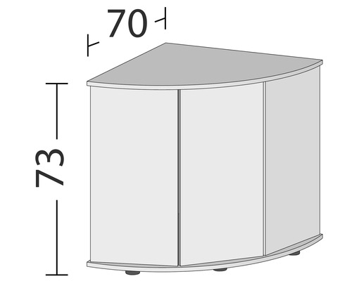 Obrázok rohovej skrinky s rozmermi 70 x 73 centimetrov.