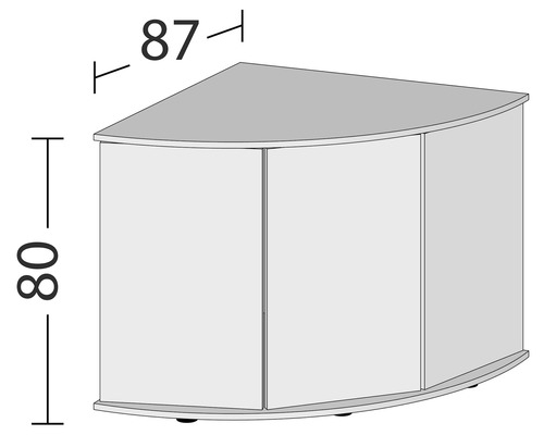 Obrázok rohovej spodnej skrinky s rozmermi 87 x 80 centimetrov.