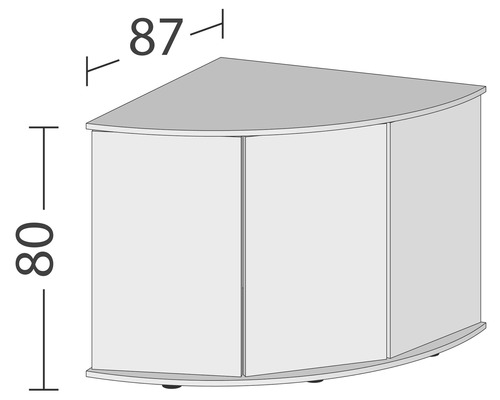 Ilustrácia rohovej skrinky s rozmermi 87 x 80 centimetrov.