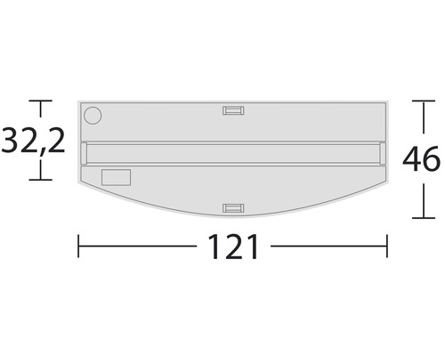 Technický nákres s rozmermi krytu: šírka 121 cm, výška 46 cm a hĺbka 32,2 cm.