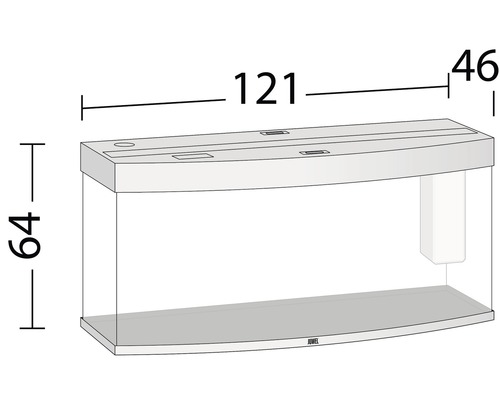 Akvárium s rozmermi: dĺžka 121 cm, šírka 46 cm, výška 64 cm