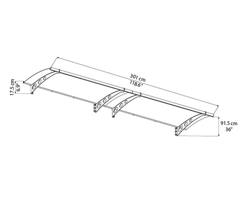 Technický nákres striešky nad vchodové dvere s rozmermi.