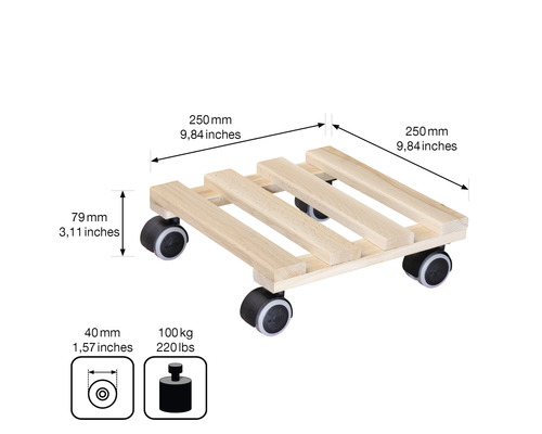 Drevený podstavec na kolieskach s rozmermi 250 x 250 milimetrov a maximálnou nosnosťou 100 kilogramov.