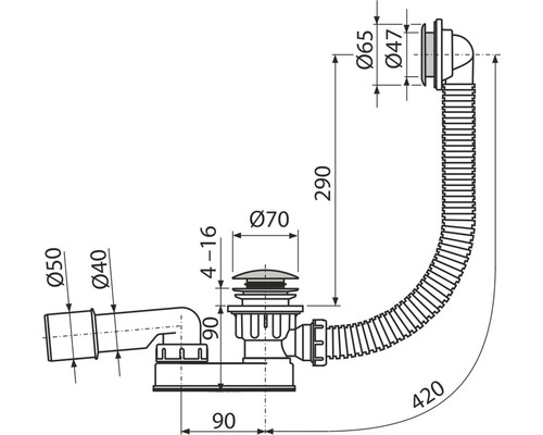 Technický nákres sifónu s rozmermi