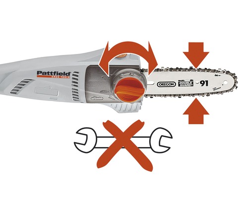 Obrázok reťazovej píly so symbolmi pre napínanie reťaze bez použitia náradia
