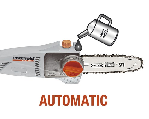 Automatická reťazová píla s ilustráciou plechovky od oleja