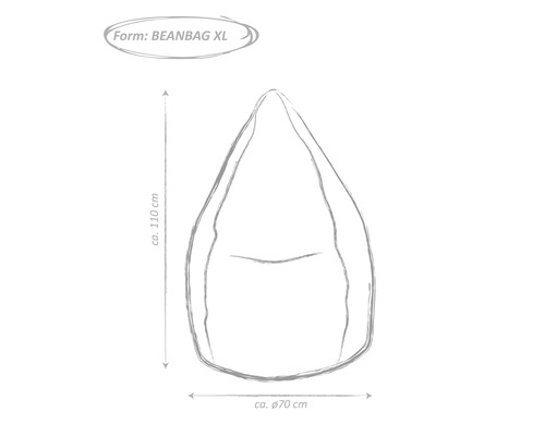 Nákres sedacieho vaku veľkosti XL s rozmermi približne 110 cm výšky a približne 70 cm v priemere