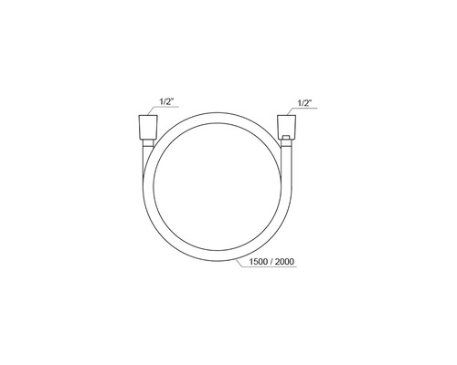 Nákres pancierovej hadice s 1/2 palcovými pripojeniami a dĺžkou 1500 až 2000 milimetrov