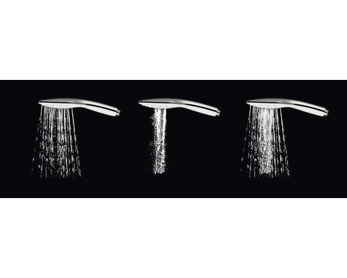 Tri ručné sprchy s rôznymi druhmi vodného prúdu.