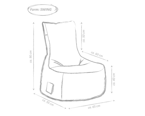 Nákres sedacieho vaku kresla s rozmermi 95 cm x 90 cm x 65 cm x 50 cm x 60 cm x 40 cm v tvare Swing