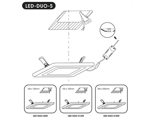 Inštalačná schéma LED-DUO-S s rozmermi