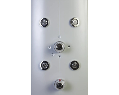 Detail sprchového panela s rôznymi ovládacími prvkami a indikátormi funkcií