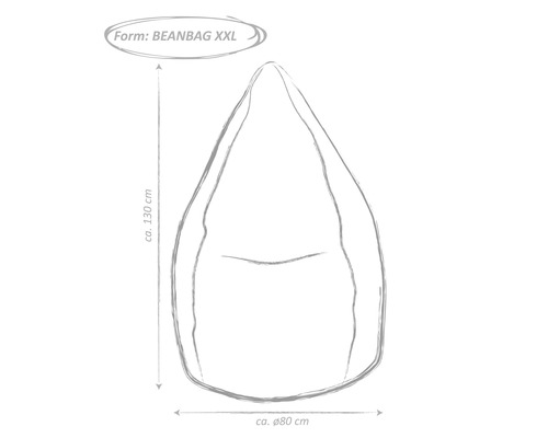 Nákres sedacieho vaku v tvare XXL s výškou približne 130 cm a priemerom približne 80 cm.