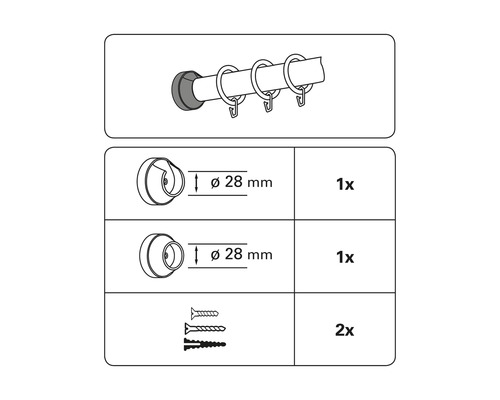 Obrázok záclonovej tyče s príslušenstvom na montáž na stenu, priemer 28 milimetrov