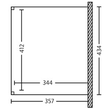 Technický výkres police s rozmermi 357 mm šírka, 412 mm výška a 344 mm hĺbka.