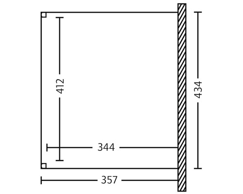 Technický výkres police s rozmermi 357 mm šírka, 412 mm výška a 344 mm hĺbka.