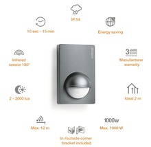 Senzor Steinel s infračerveným senzorom 180 stupňov, funkciou úspory energie a stupňom krytia IP 54