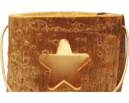 Drevený držiak na čajovú sviečku s hviezdicovým výrezom a kovovou rukoväťou