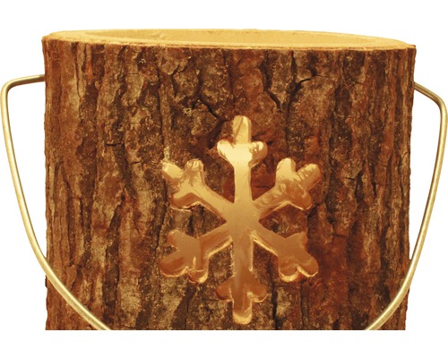 Drevená nádoba so vzorom snehovej vločky a kovovou rukoväťou