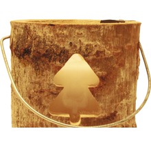 Drevený kvetináč s motívom vianočného stromčeka a kovovou rukoväťou