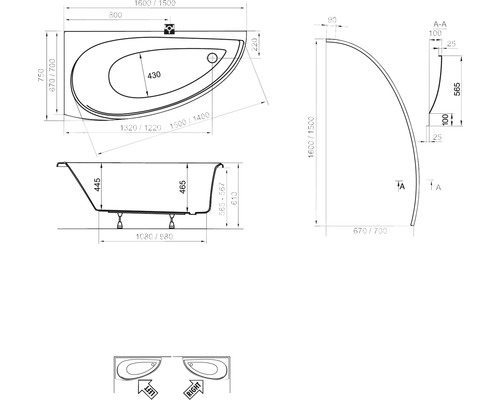 Technický nákres asymetrickej vane s rozmermi