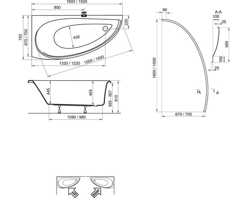 Technický nákres vane s rozmermi