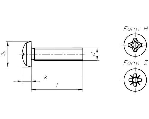 Technický nákres skrutky s rozmermi a variantmi hlavy H a Z