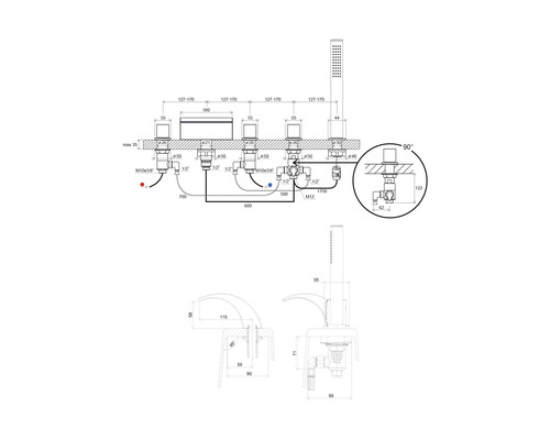 Technický nákres sprchovej batérie s rozmermi