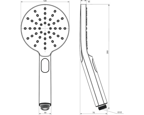 Technický nákres sprchovej hlavice s rozmermi