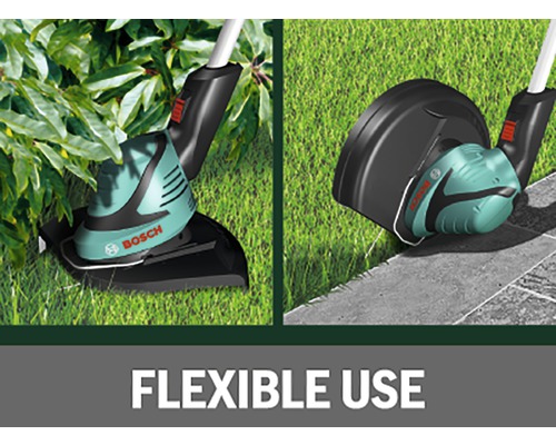 Dva vyžínače trávy Bosch v prevádzke na trávniku a na obrubníku.