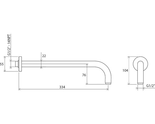 Technický nákres nástenného výtoku s rozmermi