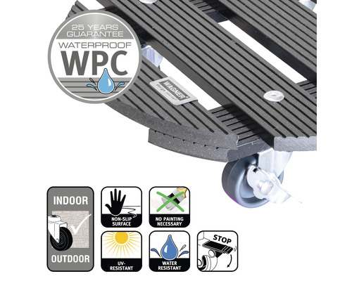 Podstavec na kvetináč z WPC s kolieskami na vnútorné aj vonkajšie použitie a zárukou, vodeodolný, protišmykový, odolný proti UV žiareniu, nie je potrebný náter a parkovacia brzda