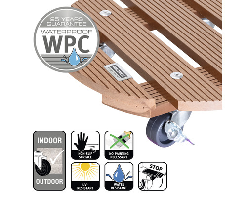 Podložka pod kvetináč na kolieskach z WPC s 25-ročnou zárukou, vodotesná, protišmykový povrch, odolná voči UV žiareniu a vode, vhodná na vnútorné aj vonkajšie použitie, nie je potrebné natierať, s parkovacou brzdou, logo Wagner