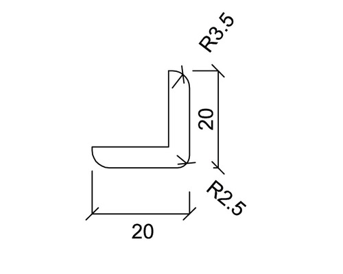 Technický výkres uhlového profilu s rozmermi 20 x 20 mm a polomermi 2,5 a 3,5 mm