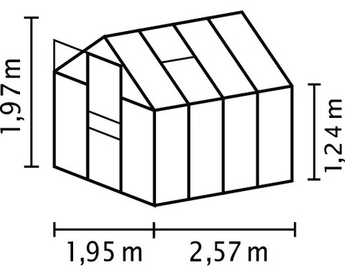 Technický nákres skleníka s rozmermi 1,97 metra výšky, 1,95 metra hĺbky a 2,57 metra šírky