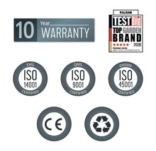 Desaťročná záruka, Palram Test Bild Top Garden Brand 2020, ISO 14001, ISO 9001, ISO 45001, označenie CE, recyklačný symbol