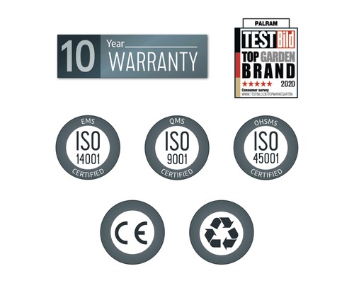 Desaťročná záruka, Palram Test Bild Top Garden Brand 2020, ISO 14001, ISO 9001, ISO 45001, označenie CE, recyklačný symbol
